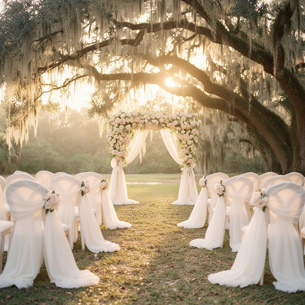 Beautiful ceremony setup under oak trees